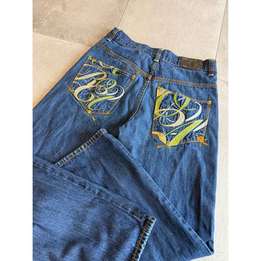 Vintage Rocawear Baggy Embroidered Jeans Y2K Streetwear Wide Leg Blue 32x30 - Picture 3 of 9